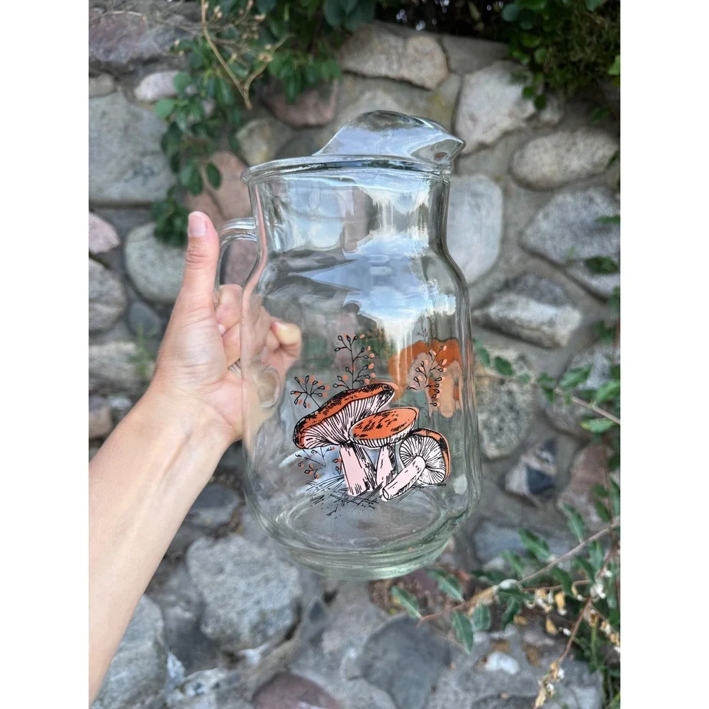 Vintage Mushroom Glass Pitcher with Ice Lip Retro Orange Pink 70s Cottagecore